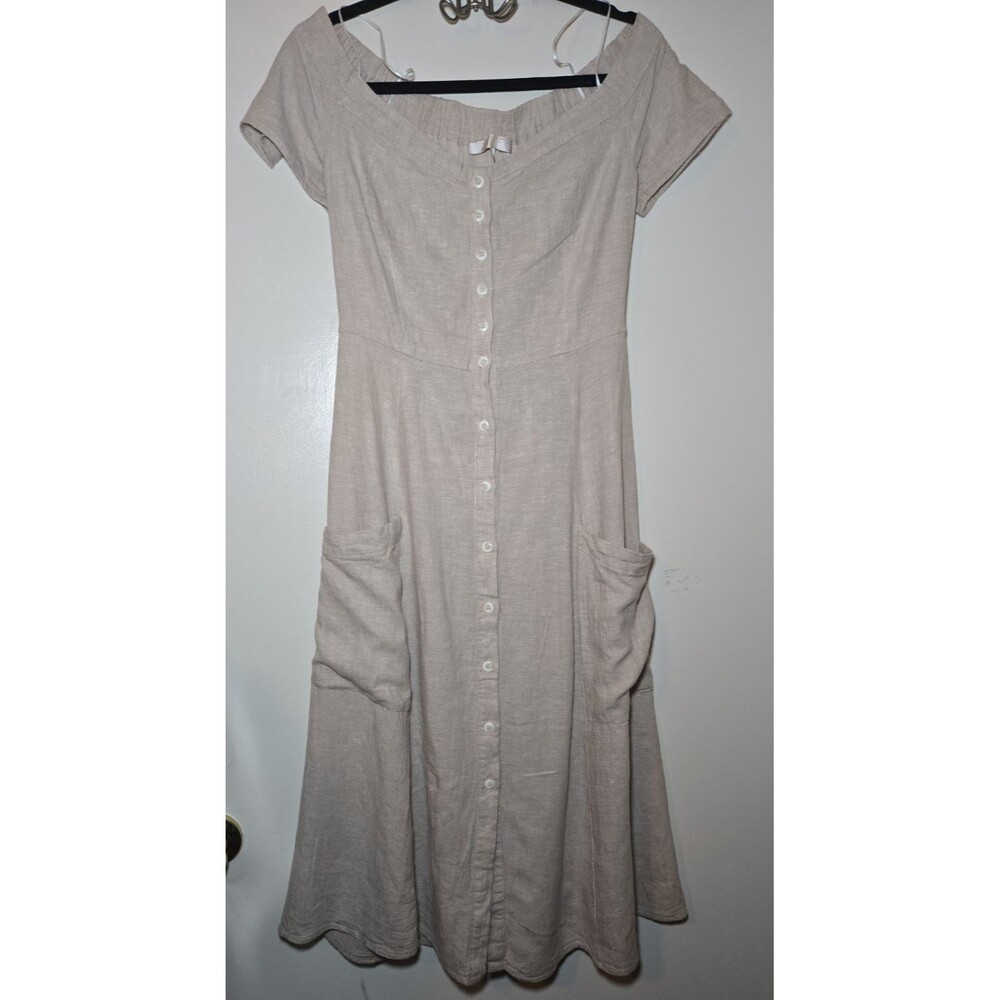 WAYF Perry Linen Blend Off-The-Shoulder Midi Dress in Beige (Oatmeal) Sz Small